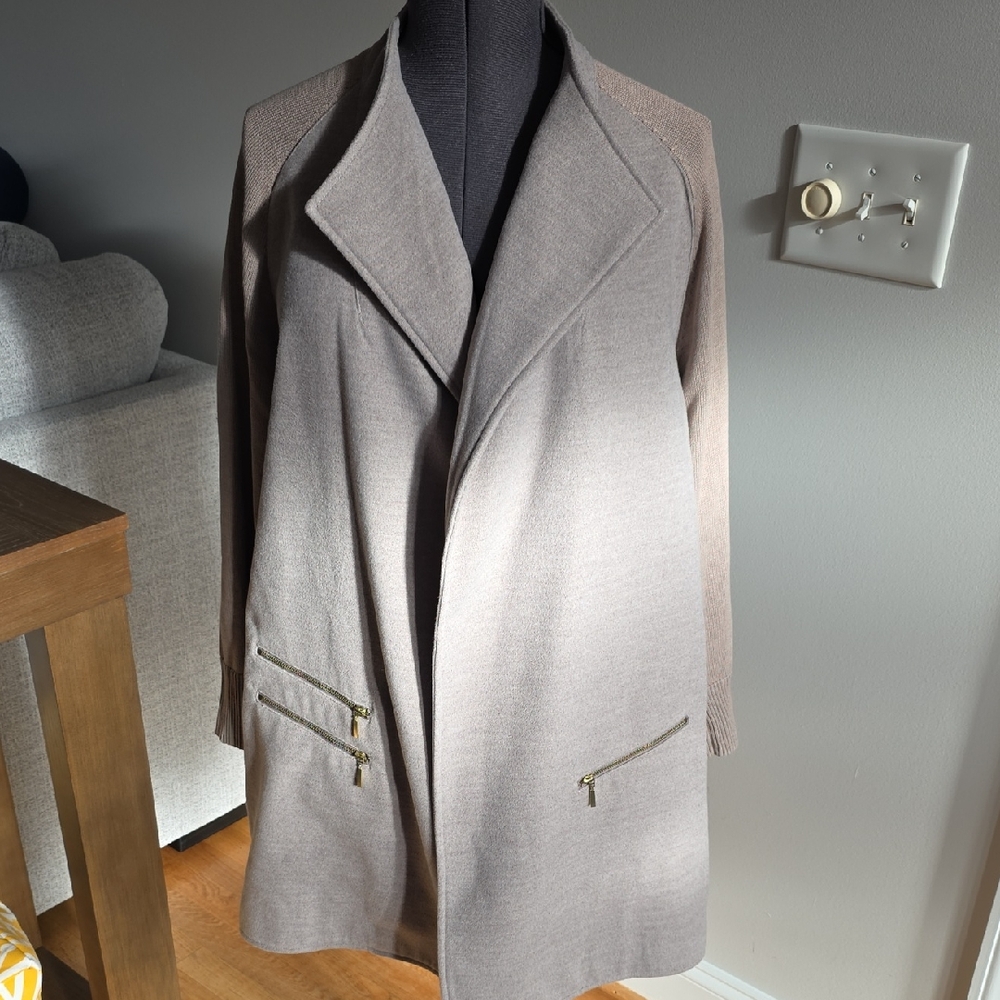 Chicos Taupe Knit Coat with Gold Zipper Accents